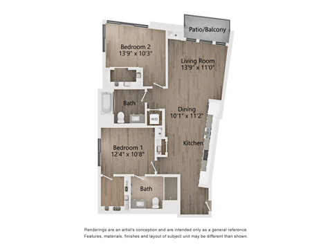 Floor plan for 2 beds, 2 baths, 1077 sqft